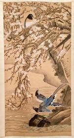 Meiji Period Japanese Painted Silk Scroll C. 1870